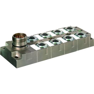 Un module métallique rectangulaire avec plusieurs connexions rondes enfichables, adapté aux applications industrielles.