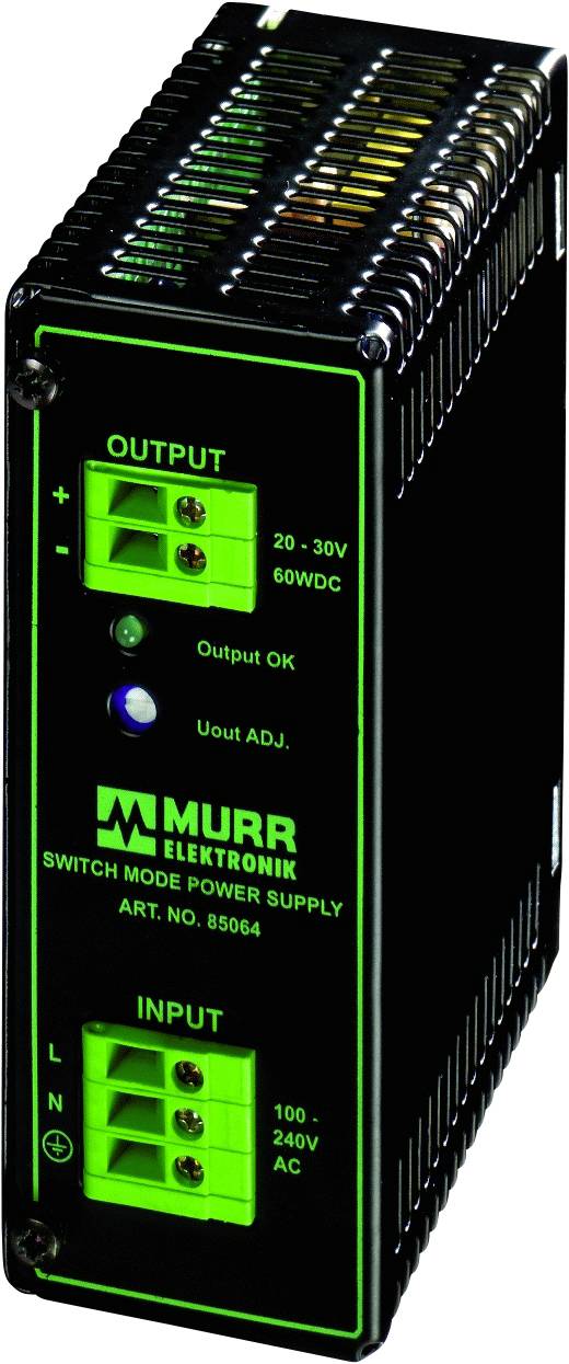 Un bloc d'alimentation à découpage de Murr Elektronik avec des bornes pour l'entrée (100-240V AC) et la sortie (24V DC). Numéro de modèle : 85044.