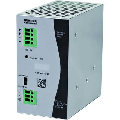 L'image montre une alimentation de Murr Elektronik avec les paramètres d'entrée et de sortie sur le devant, ainsi que plusieurs bornes de connexion.