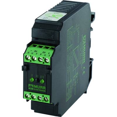 Un module électronique noir de Murrelektronik avec des bornes de connexion vertes et des spécifications techniques sur le côté.
