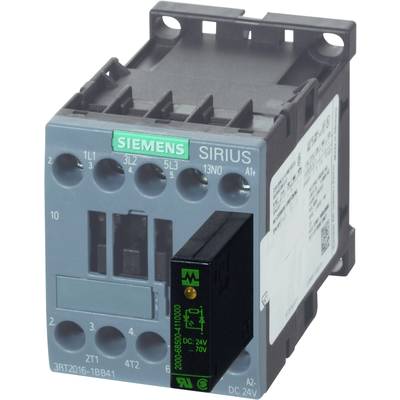 Un contacteur Siemens SIRIUS gris, numéro de modèle 3RT2016-1BB41, avec un module auxiliaire monté latéralement pour le contrôle et la commutation.