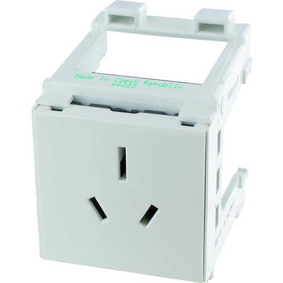 Composant électronique avec prise électrique, fabriqué en République tchèque. Type de prise principalement utilisé en Australie.