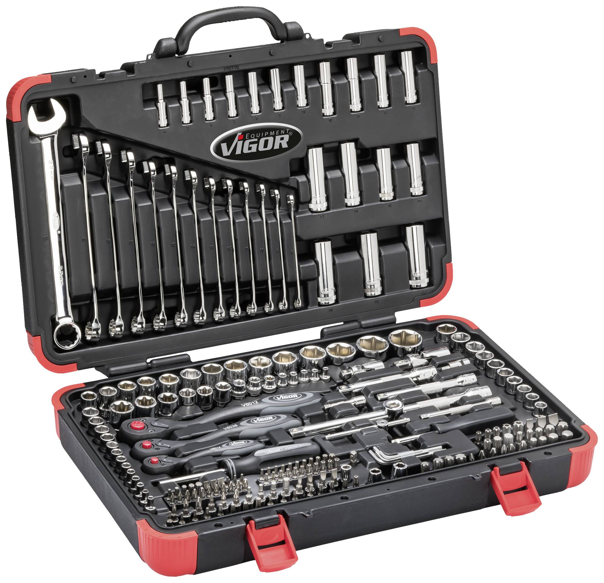'Coffret à outils Vigor avec différents douilles, clés à molette et clés à cliquet, en vue ouverte.'