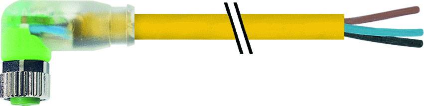 Câble électrique jaune avec boîtier coudé transparent et verrouillage métallique à une extrémité ; comprenant trois conducteurs de couleurs différentes.