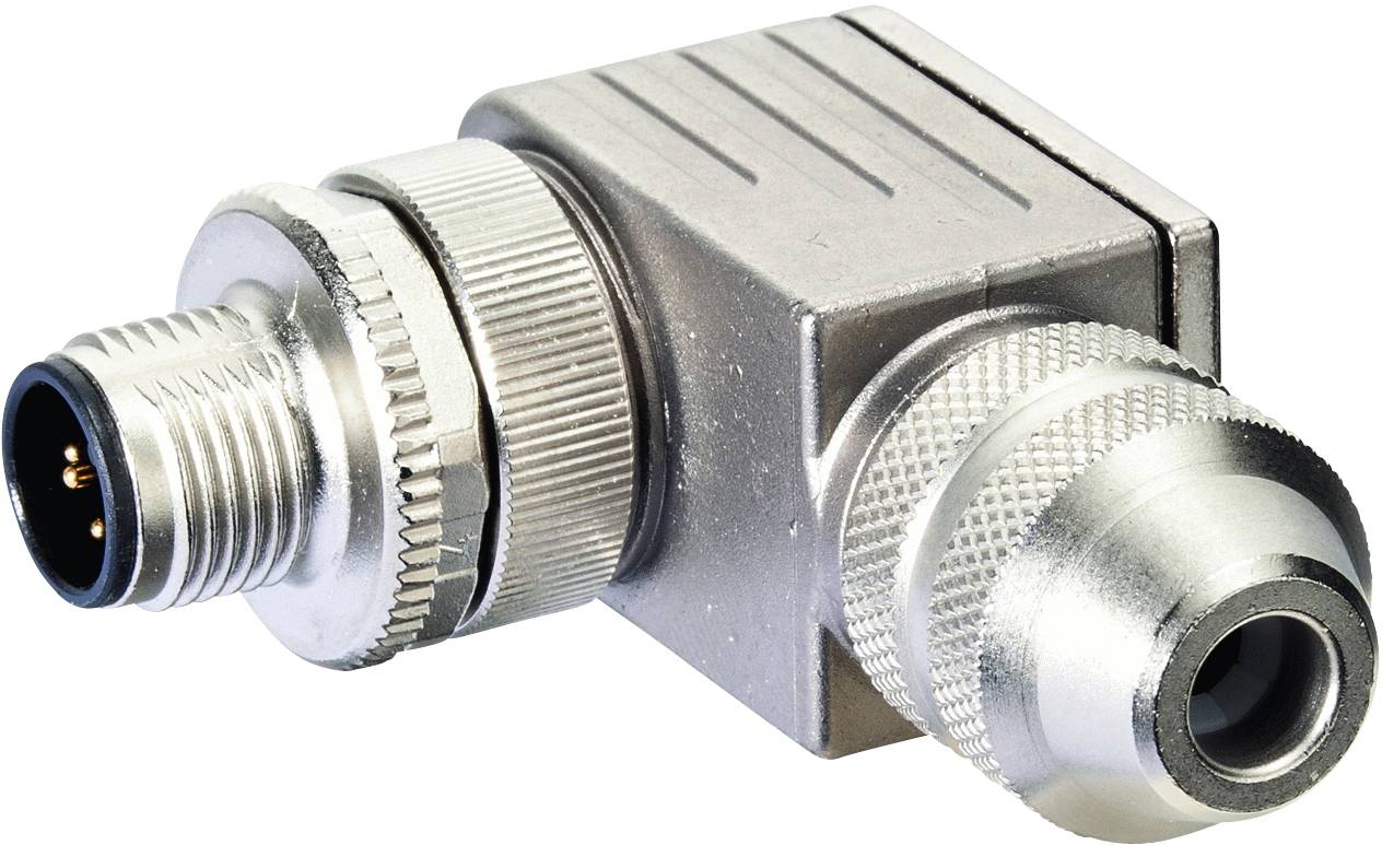 'Connecteur métallique M12 avec boîtier coudé, deux éléments de connexion et poignées striées pour une meilleure manipulation.'