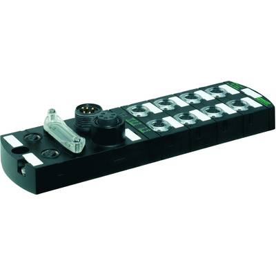 Une unité de connexion rectangulaire noire avec plusieurs connecteurs et prises circulaires, adaptée aux applications industrielles.