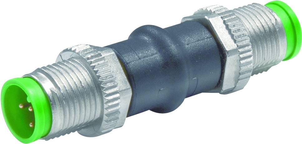 Un adaptateur métallique avec des éléments en plastique noir et des connecteurs marqués en vert aux deux extrémités.