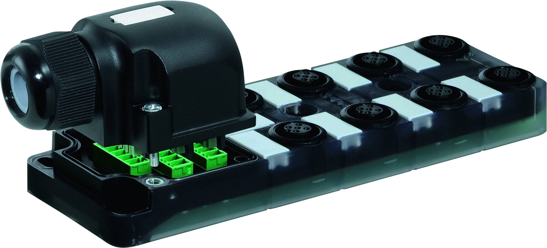 'Unité électrique noire multiports avec un emplacement intérieur pour câble en vert sur un fond blanc.'