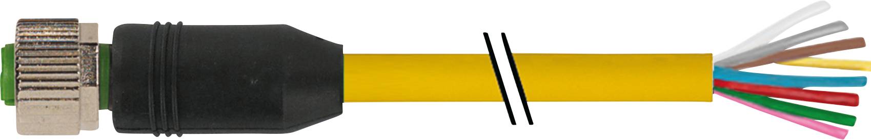 Un câble Ethernet jaune avec un connecteur métallique à gauche et des fils de couleur apparents à droite.