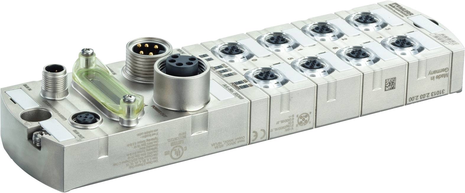 Un module électronique rectangulaire argenté doté de plusieurs connexions, emplacements et liaisons de câbles pour des applications industrielles.
