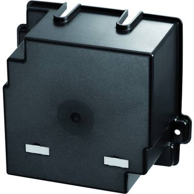 Un composant électrique noir rectangulaire avec deux clips blancs sur sa face inférieure et une dépression circulaire au centre.