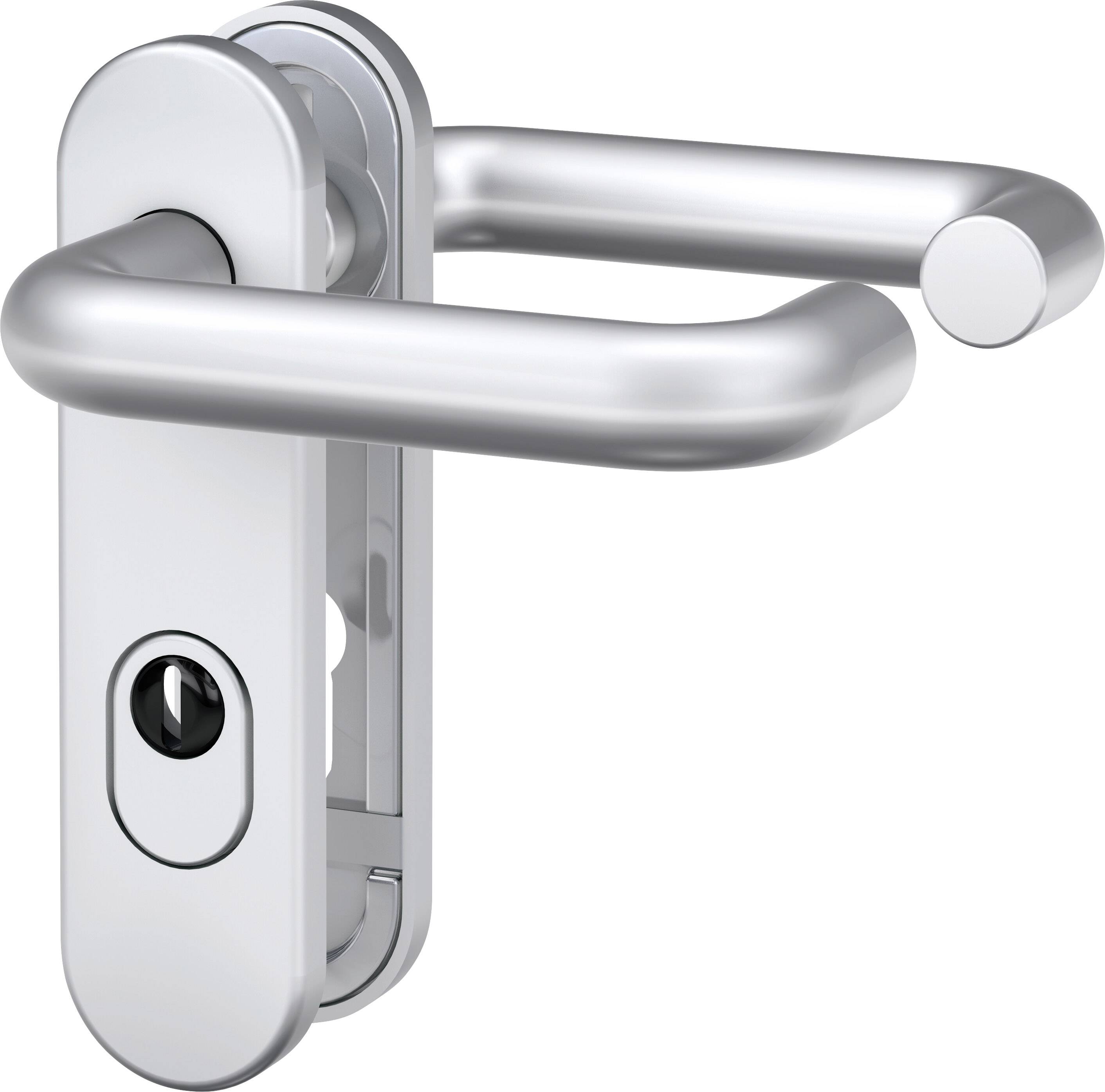 Poignée de porte en acier inoxydable au design arrondi avec cylindre de fermeture intégré sur une platine de montage rectangulaire.