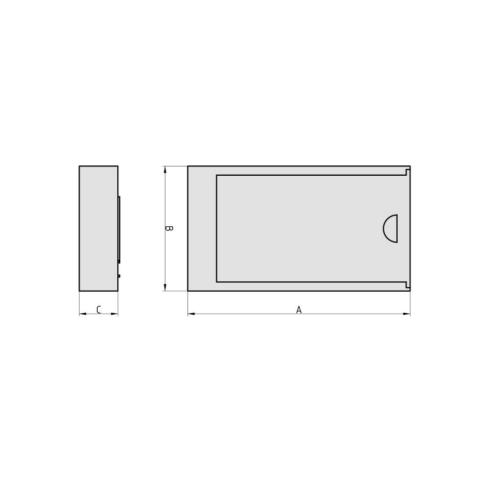 Dessin technique d'un caisson rectangulaire avec une porte. Vue latérale et vue de dessus sont représentées, dimensions A, B, C indiquées.