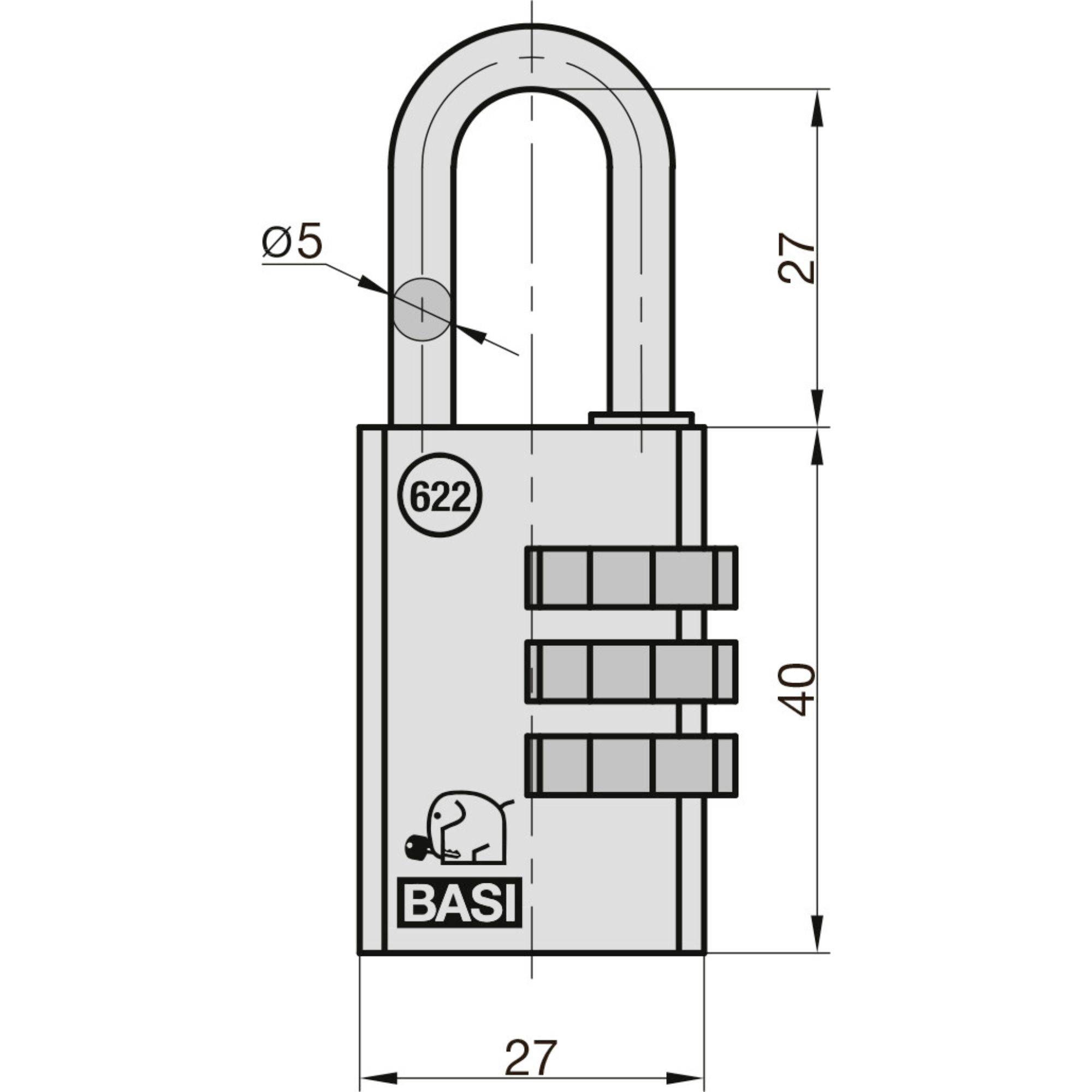 Illustration d'un cadenas à combinaison. Un dessin technique montre les dimensions : hauteur 40 mm, largeur 27 mm.