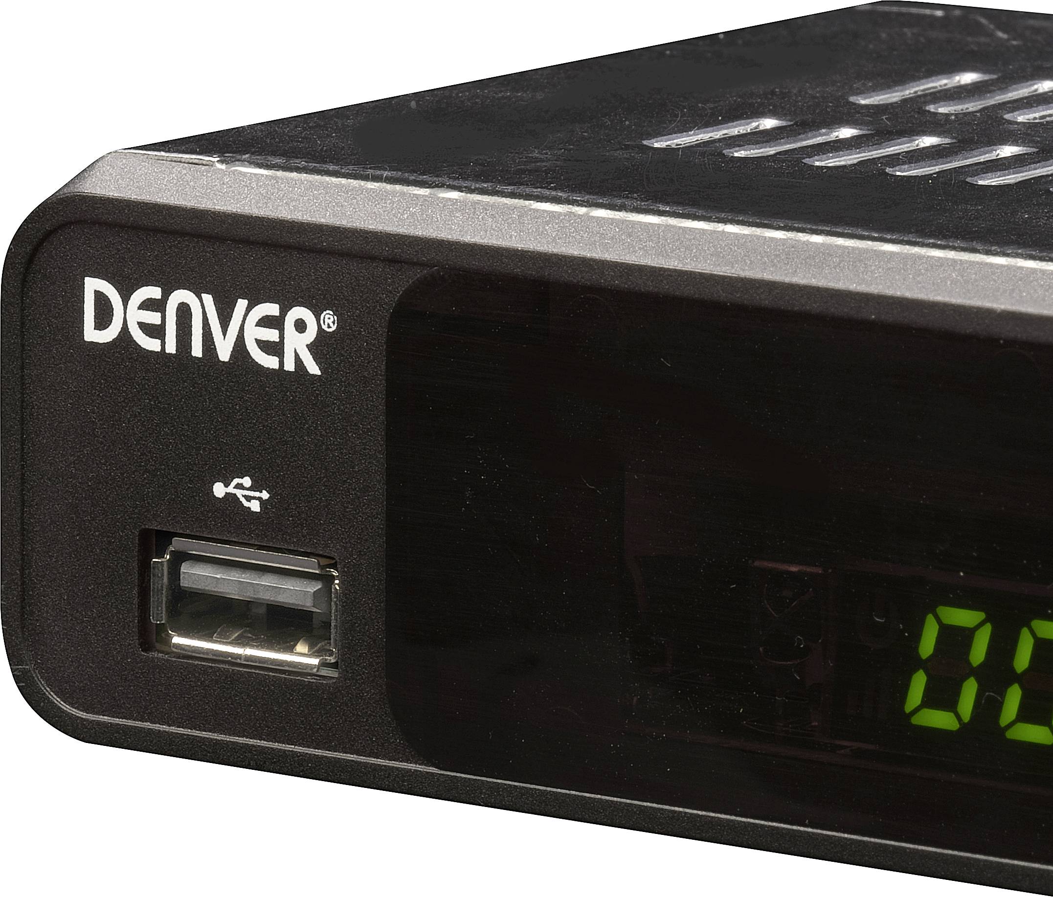 Un récepteur TV numérique avec port USB. La marque 'DENVER' est visible.