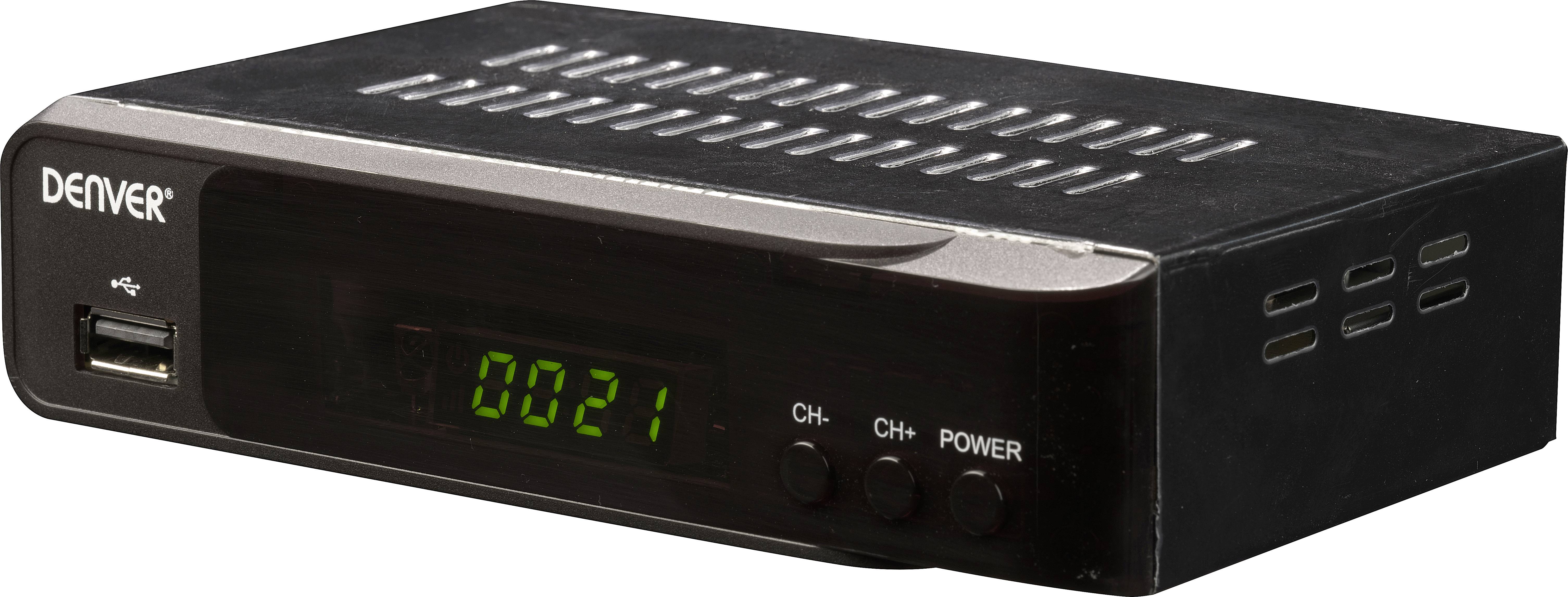 Récepteur TV numérique noir avec port USB et affichage LED indiquant le numéro '0021'. Comprend des boutons pour le contrôle des chaînes et de l'alimentation.