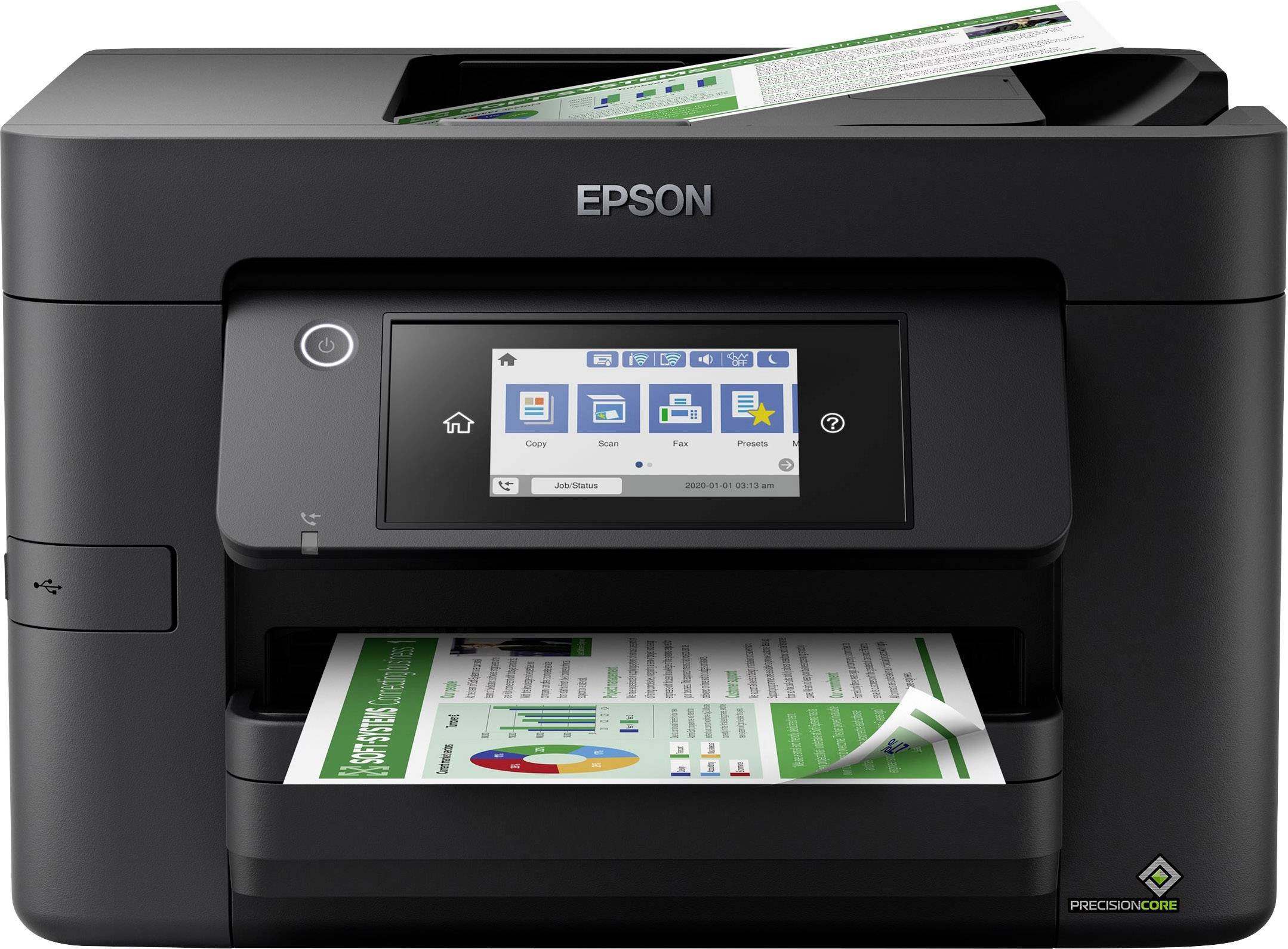 Une imprimante Epson noire avec un écran tactile LCD affichant 'Copier', 'Numériser' et 'Faxer'. Des feuilles imprimées sont posées au-dessus et en-dessous.