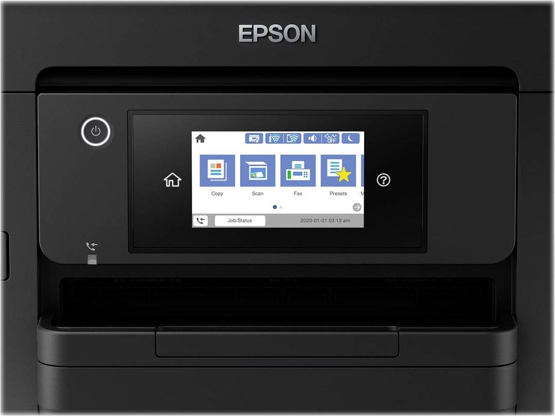 L'imprimante vue de face affiche un écran avec des symboles pour Copier, Numériser, Faxer et les Paramètres d'impression. En haut est inscrit 'EPSON'.