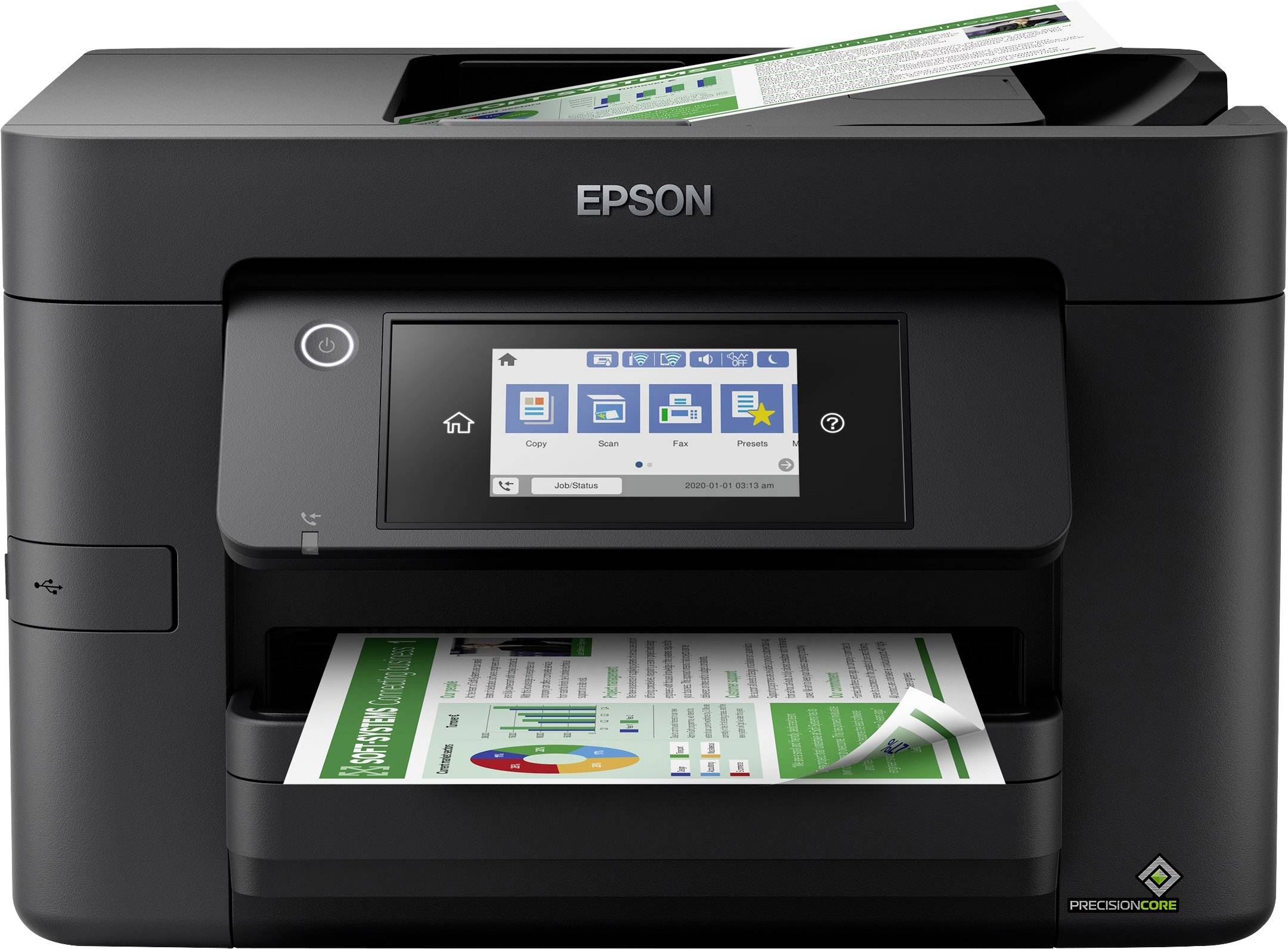 Un imprimante Epson noir avec écran tactile a une feuille imprimée dans le bac de sortie. Une autre feuille est dans le chargeur supérieur.