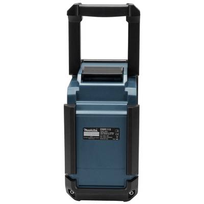 Radio de chantier avec boîtier robuste et poignée de transport, numéro de modèle DMR115, en coloris bleu et noir.
