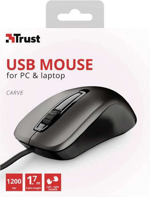 Emballage d'un modèle de souris USB noir 'Carve' de la marque Trust, adapté aux PC et ordinateurs portables. Détails : 1200 DPI, câble de 1,7 m.