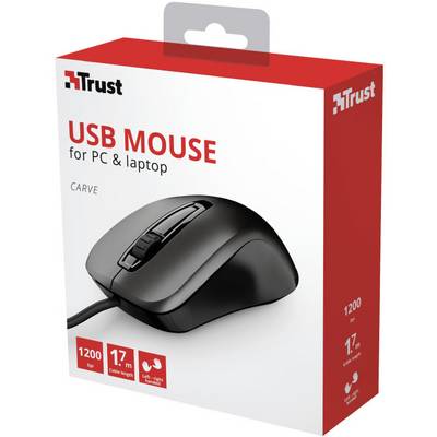 Emballage d'une souris USB de la marque Trust avec des images de la souris et des spécifications : 1200 dpi, câble de 1,7 m, pour PC et ordinateur portable.