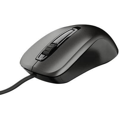 Souris d'ordinateur noire filaire avec molette de défilement, posée sur une surface plane. Adaptée aux ordinateurs de bureau.
