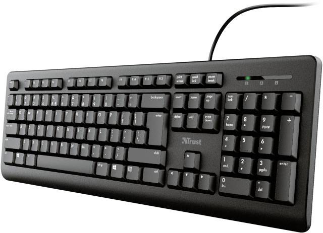 Clavier QWERTZ noir filaire avec disposition allemande, incluant le pavé numérique. Touches de fonction en haut, marque 'Trust'.