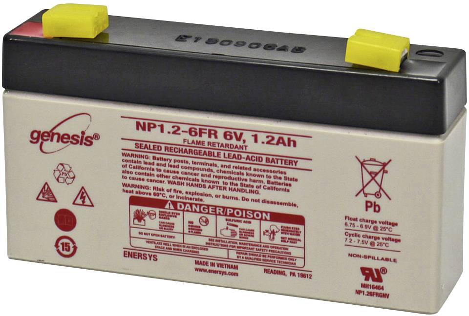 Batterie au plomb 6V, 1,2Ah, ignifuge selon les avertissements. Comprend des impressions et des symboles pour une utilisation et une sécurité appropriées.