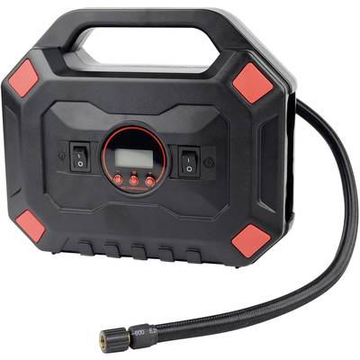 Compresseur d'air portable noir avec affichage numérique et accent rouge, indiquant la valeur de pression. Tuyau réglable sur le côté.