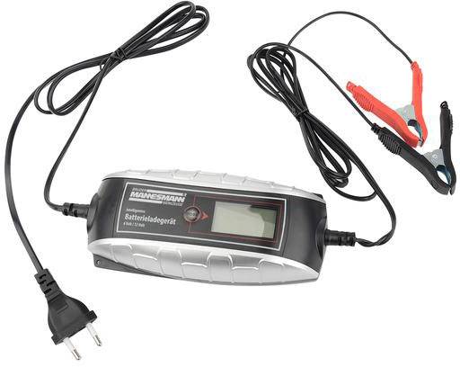 Chargeur de batterie avec affichage LCD, deux câbles, fiche EU et pinces. Appareil principal en noir, bordure couleur argent.