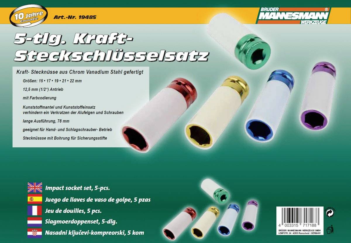 Ensemble de 5 clés à douille dynamométriques multicolores, adapté pour le changement de roue. Tailles 15-21 mm, avec protection en plastique pour jantes en aluminium. Informations produit et logo de marque à droite.