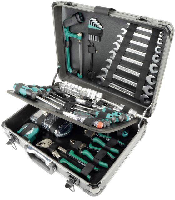 Une boîte à outils ouverte contenant une variété d'outils tels que des clés, des tournevis et des pinces, soigneusement rangés.