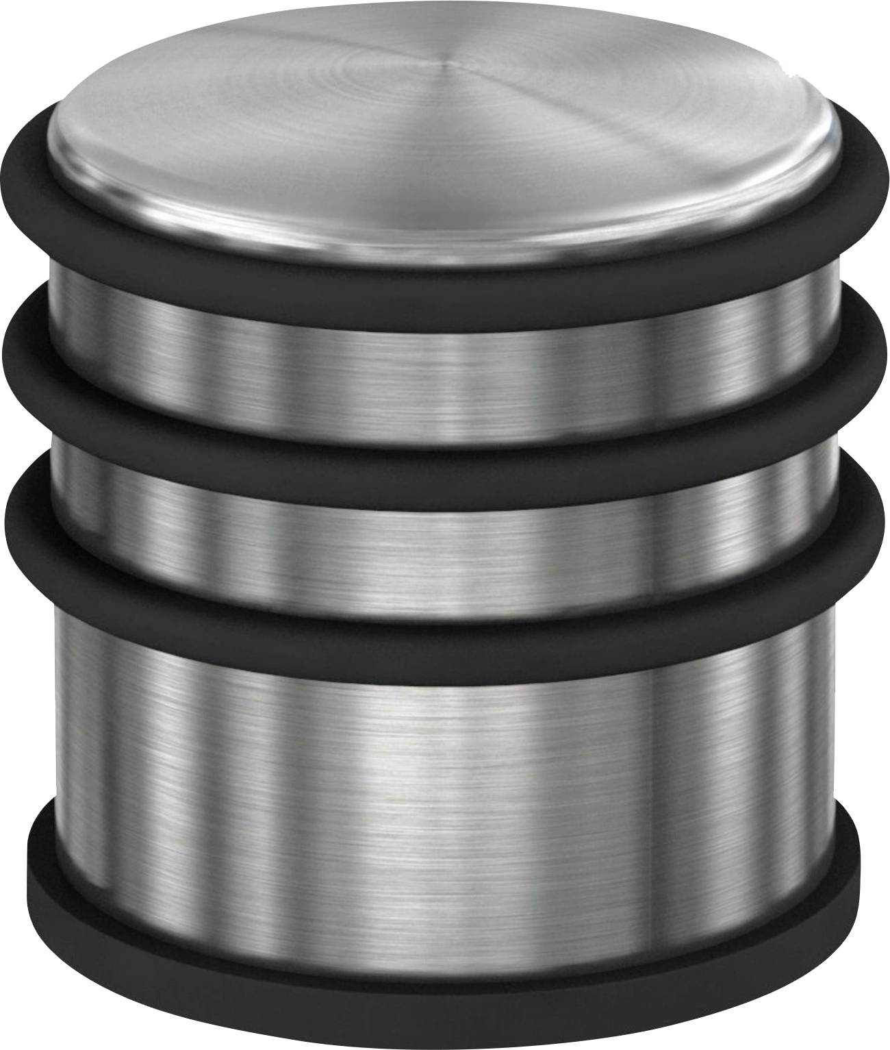 Arrêt-porte en acier inoxydable avec trois bagues en caoutchouc, design cylindrique, placé verticalement.
