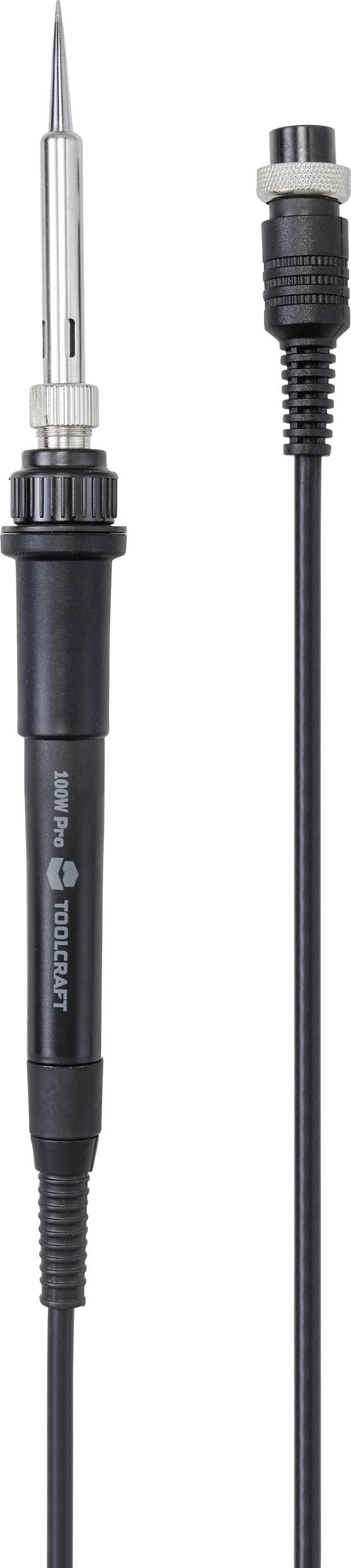 Un fer à souder avec un embout métallique et une poignée noire. Il est connecté à un câble et à une prise, typique des travaux électroniques.