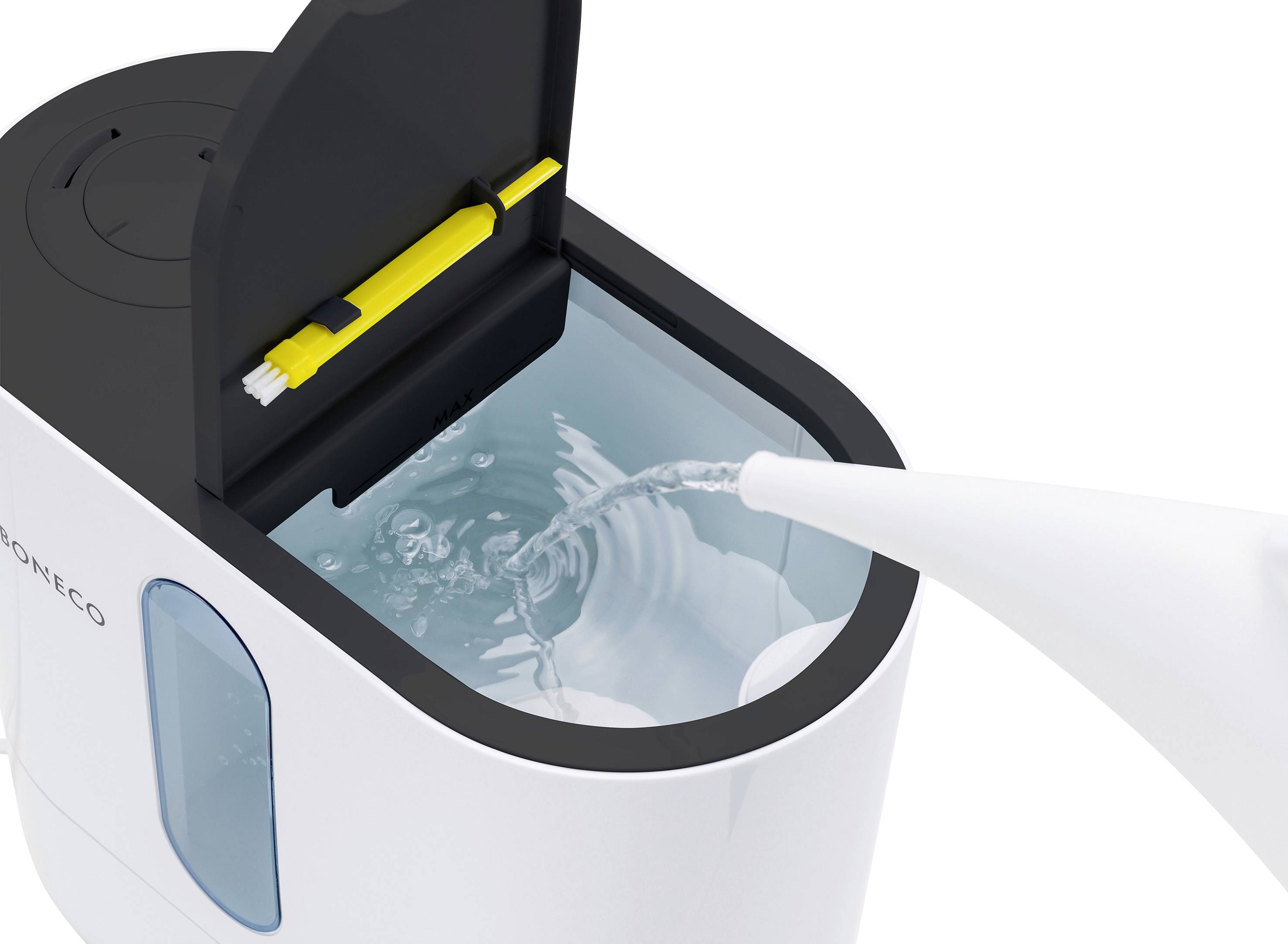 Une bouilloire blanche est remplie d'eau. Le couvercle est ouvert et on peut voir un flotteur jaune à l'intérieur.