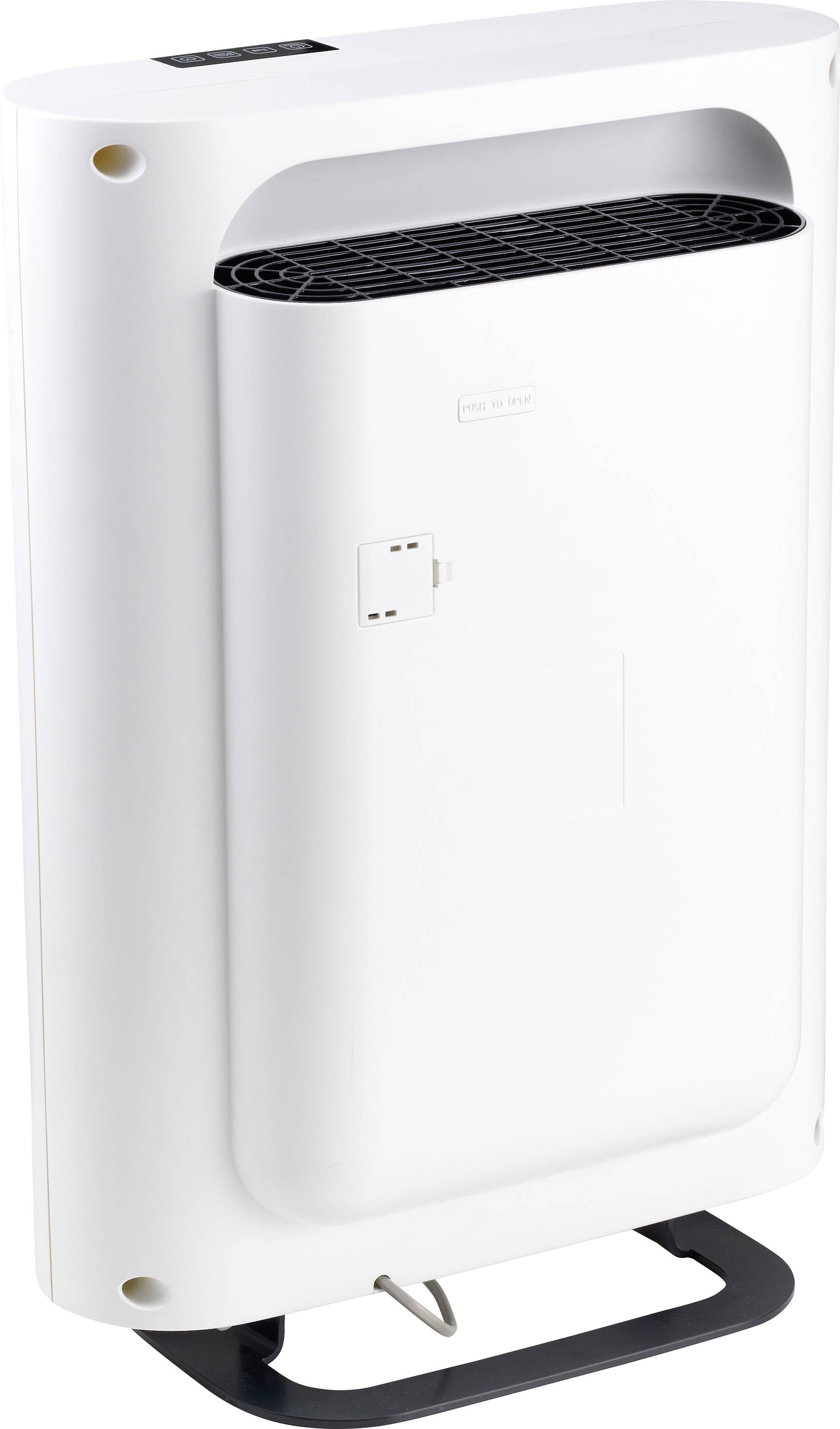 Purificateur d'air au design moderne et élégant, reposant sur un socle métallique.