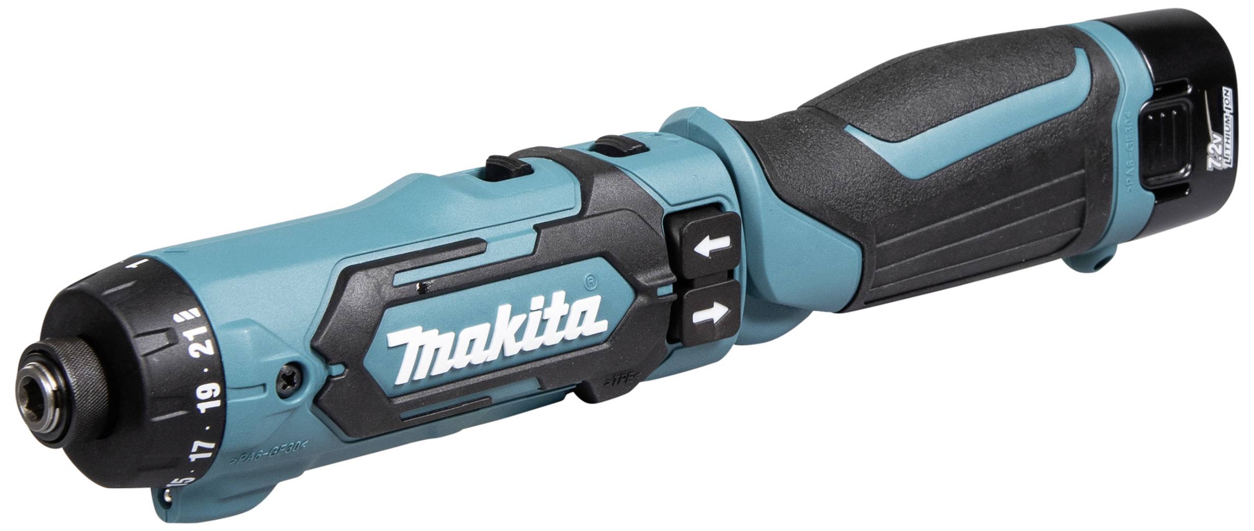 Un tournevis sans fil turquoise avec une poignée ergonomique et un logo de marque. Idéal pour les projets de bricolage et les réparations.