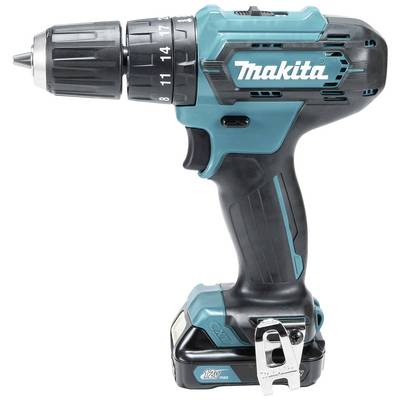 Visseuse-perceuse à batterie Makita sur fond blanc. Appareil en bleu et noir, compact, avec poignée et batterie en bas.