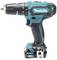 Visseuse-perceuse à batterie Makita sur fond blanc. Appareil en bleu et noir, compact, avec poignée et batterie en bas.