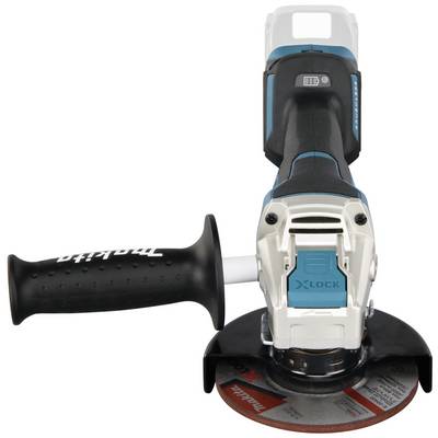 Meuleuse d'angle sans fil avec poignée noire, boîtier bleu et argenté et carter de protection au-dessus du disque abrasif.