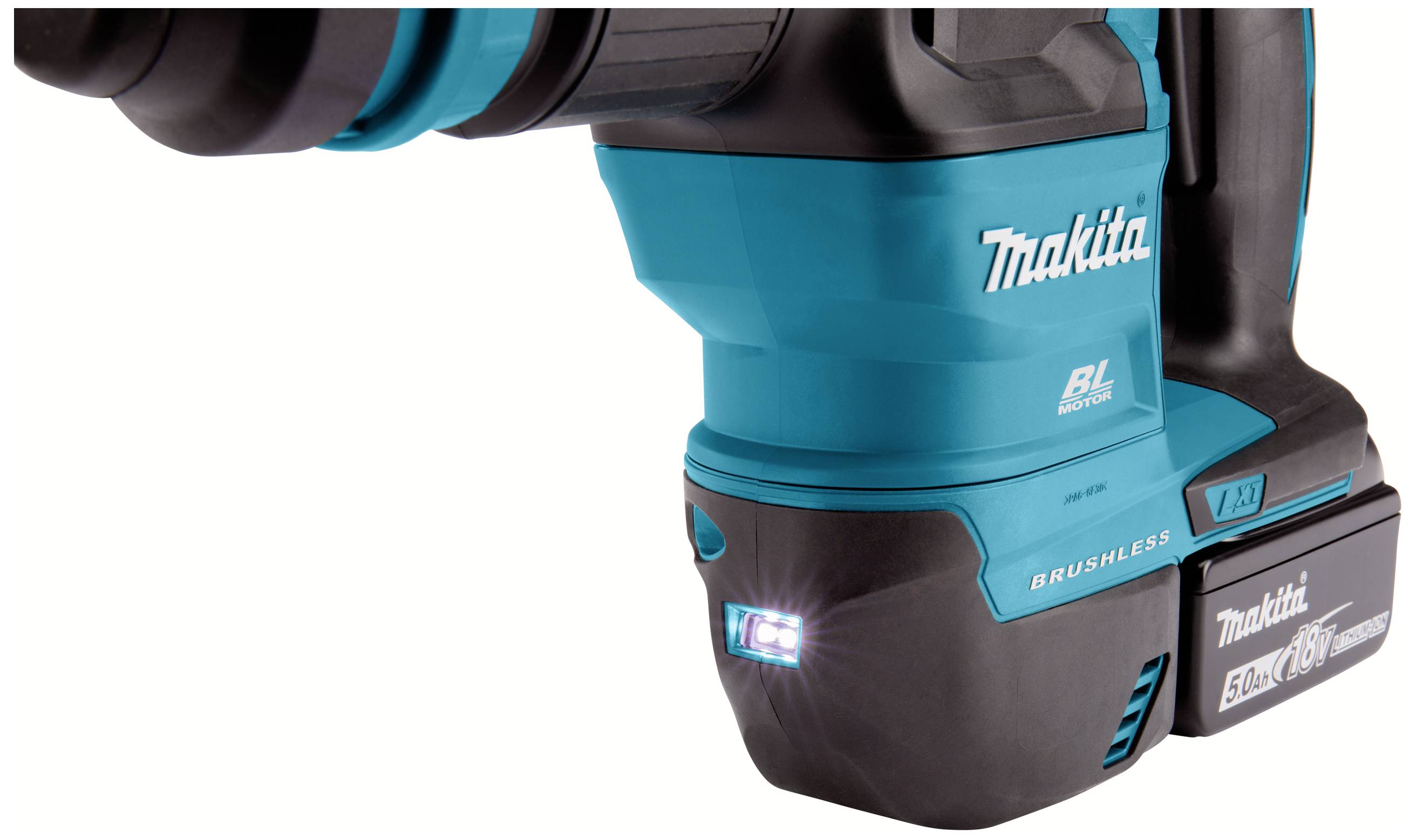 Un marteau perforateur sans fil bleu-noir de la marque Makita, modèle BL, avec batterie Li-Ion de 5,0 Ah et éclairage LED.