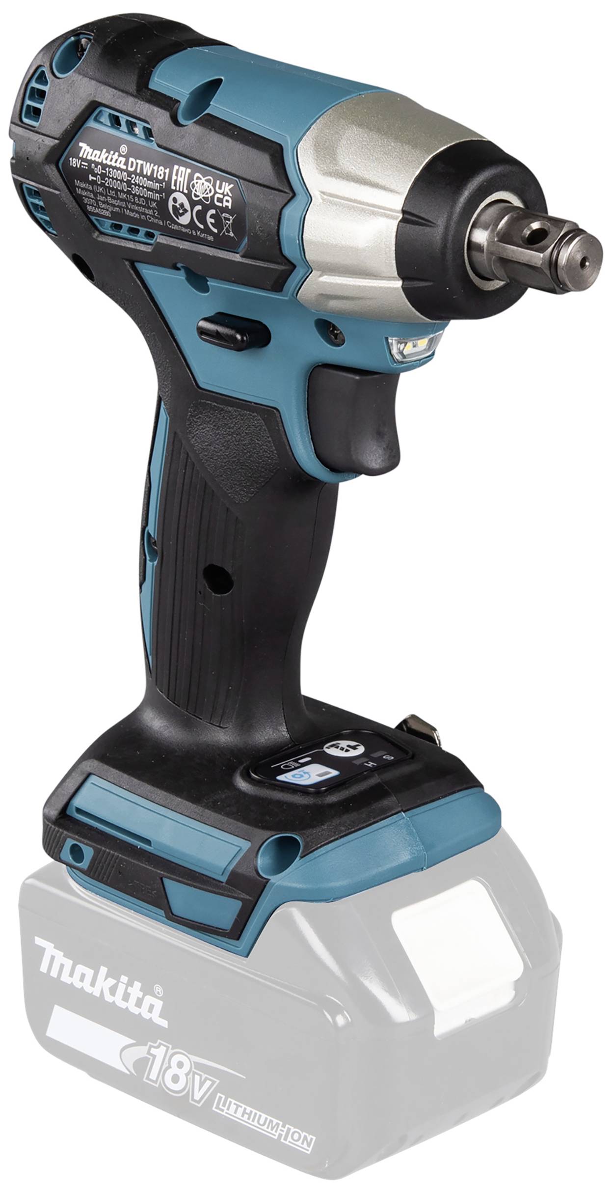 Un visseuse à choc sans fil en bleu et noir, sans batterie, avec une poignée robuste et une tête d'entraînement, adapté aux travaux de bricolage.