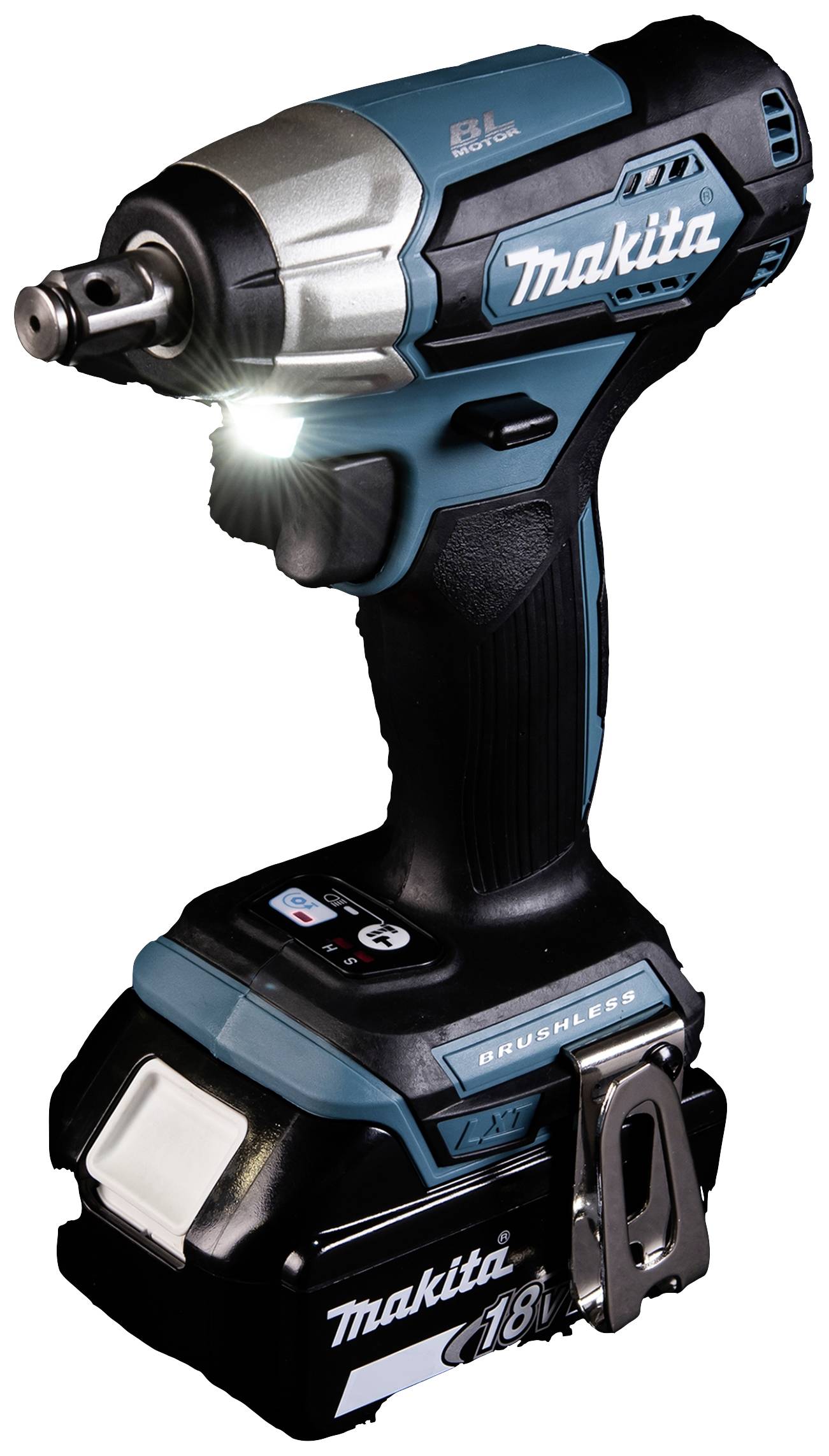 Perceuse-visseuse sans fil, noir et bleu, avec éclairage LED, debout sur sa base de batterie.