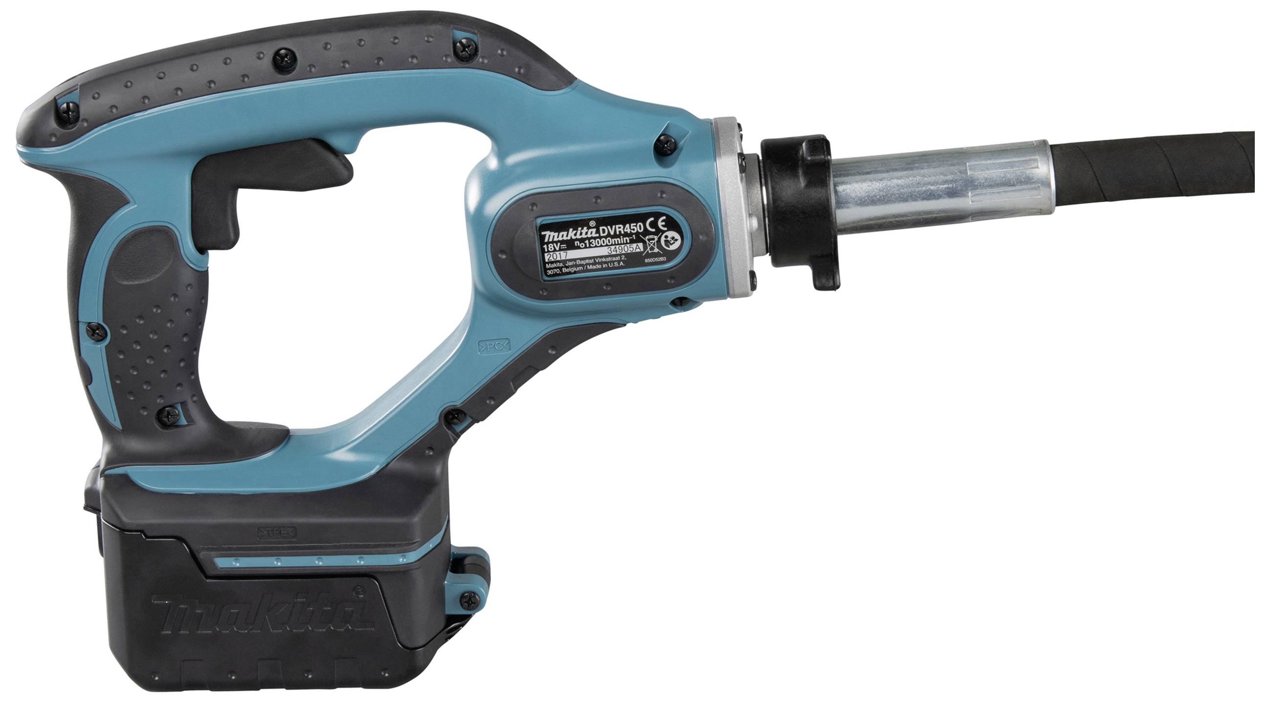 Un appareil à batterie bleu-noir, ressemblant à un outil de vissage, doté d'une poignée ergonomique et d'un embout cylindrique en métal.