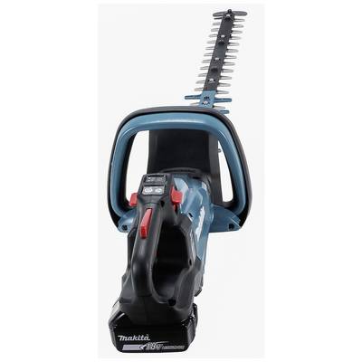 Taille-haie électrique Makita avec batterie 18V, poignée noire et lame argentée. Prêt à l'emploi pour les travaux de jardinage.