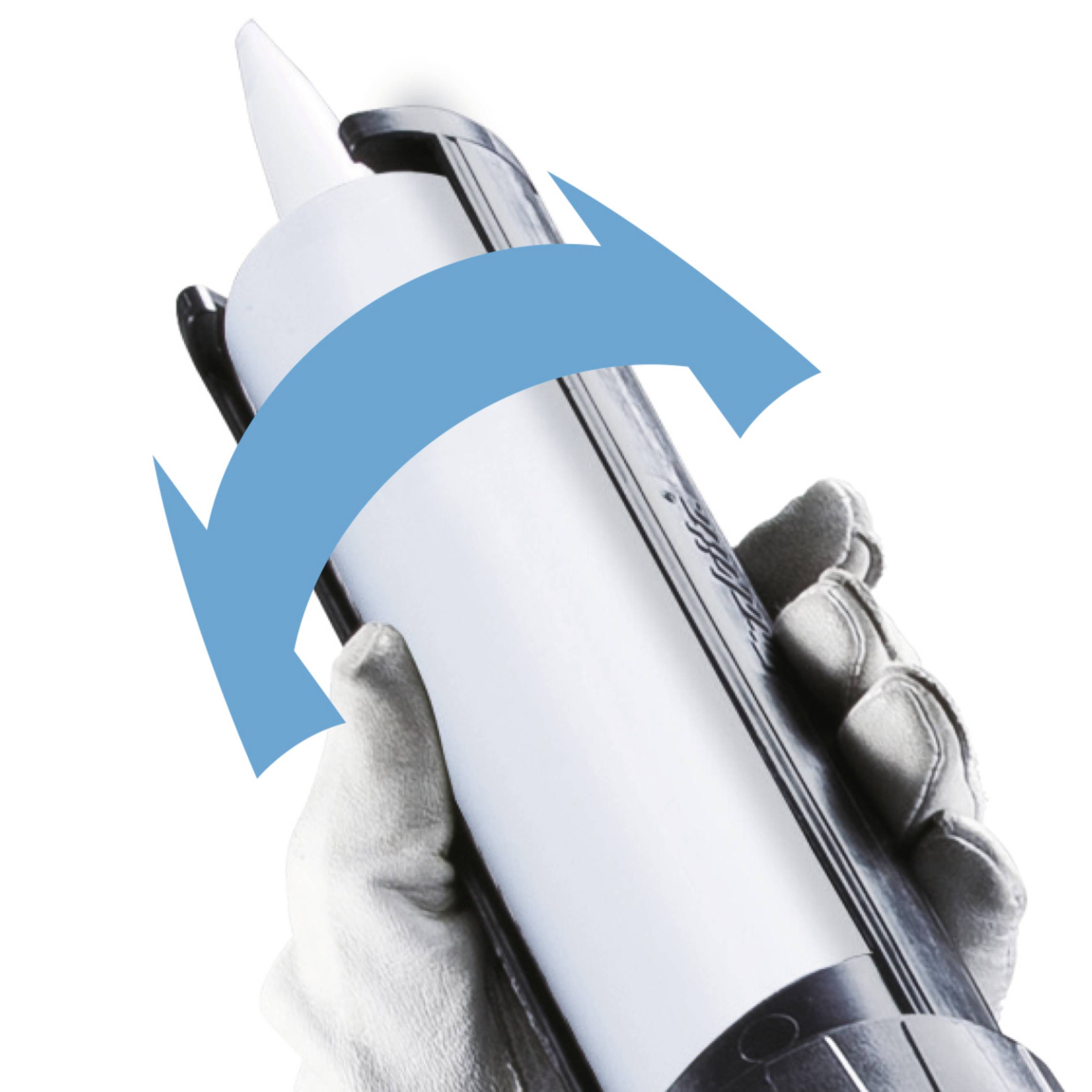 Une main tient un pistolet à cartouche utilisé pour l'application de mastic ou de colle.