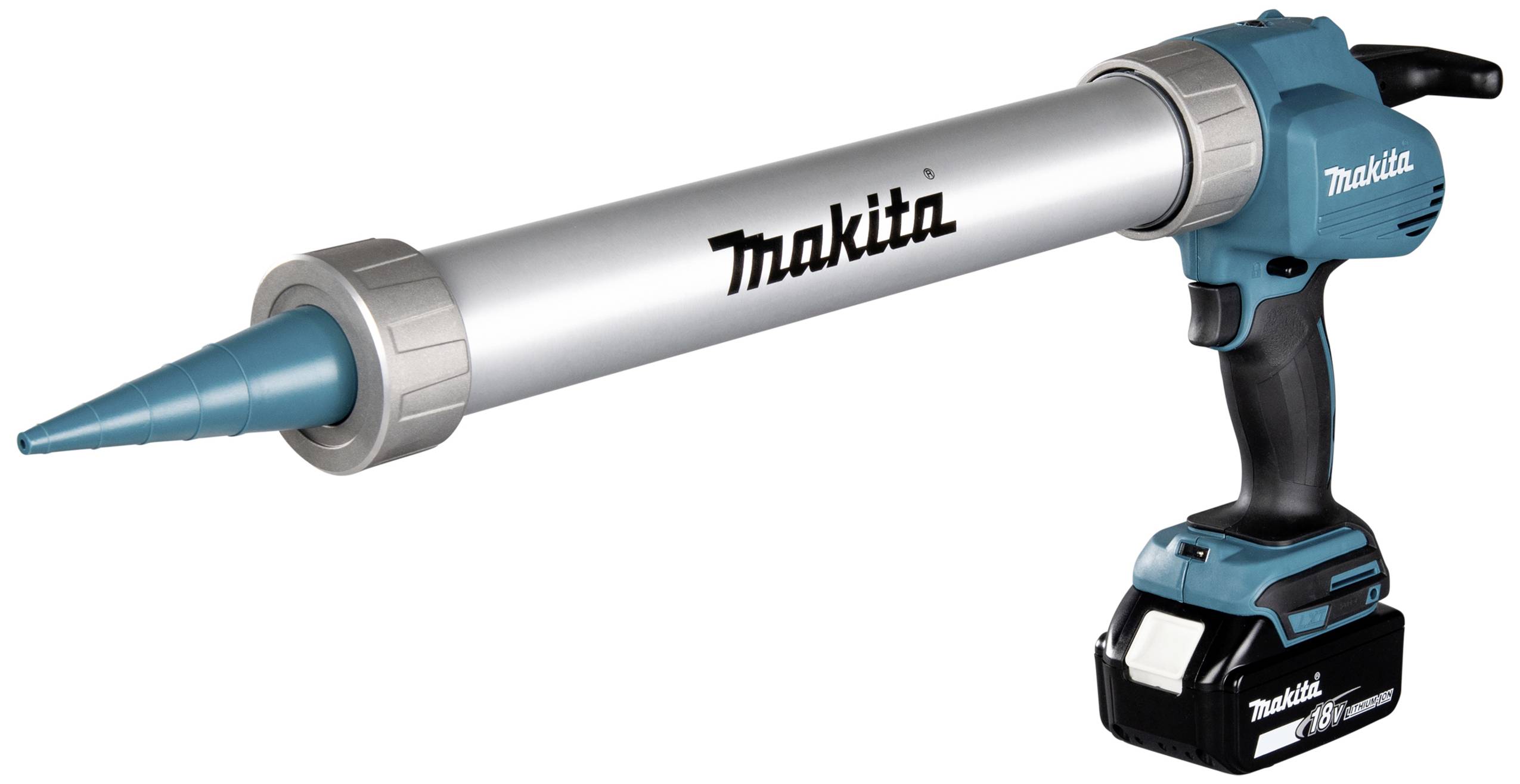 Une pistolet à cartouche sans fil Makita, bleu et argent, pour l'application de mastics et d'adhésifs avec batterie interchangeable.