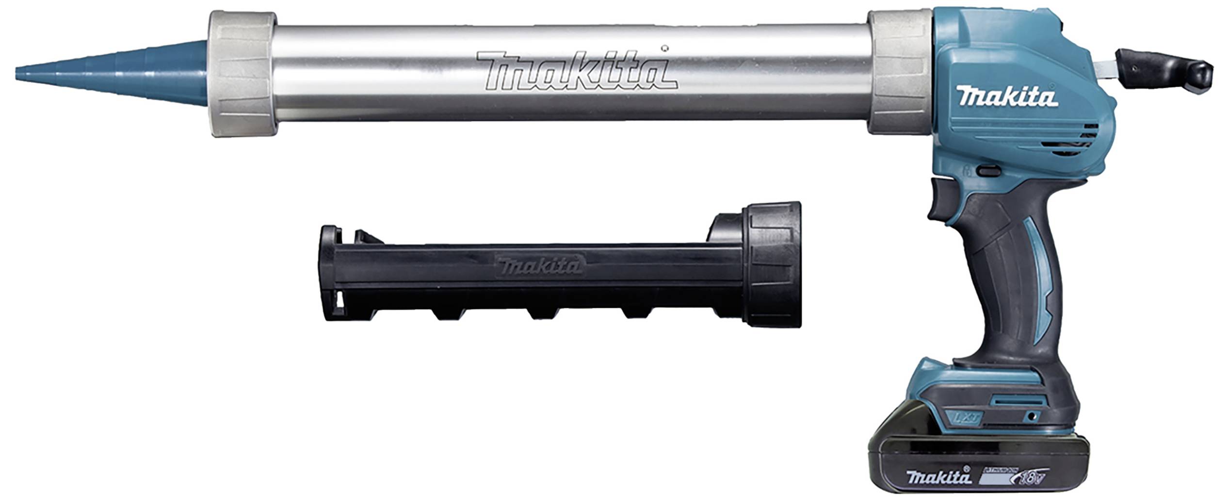 Un pistolet électrique bleu pour cartouches avec pack batterie, adapté pour l'application de mastic ou de colle. Posé sur un fond blanc.