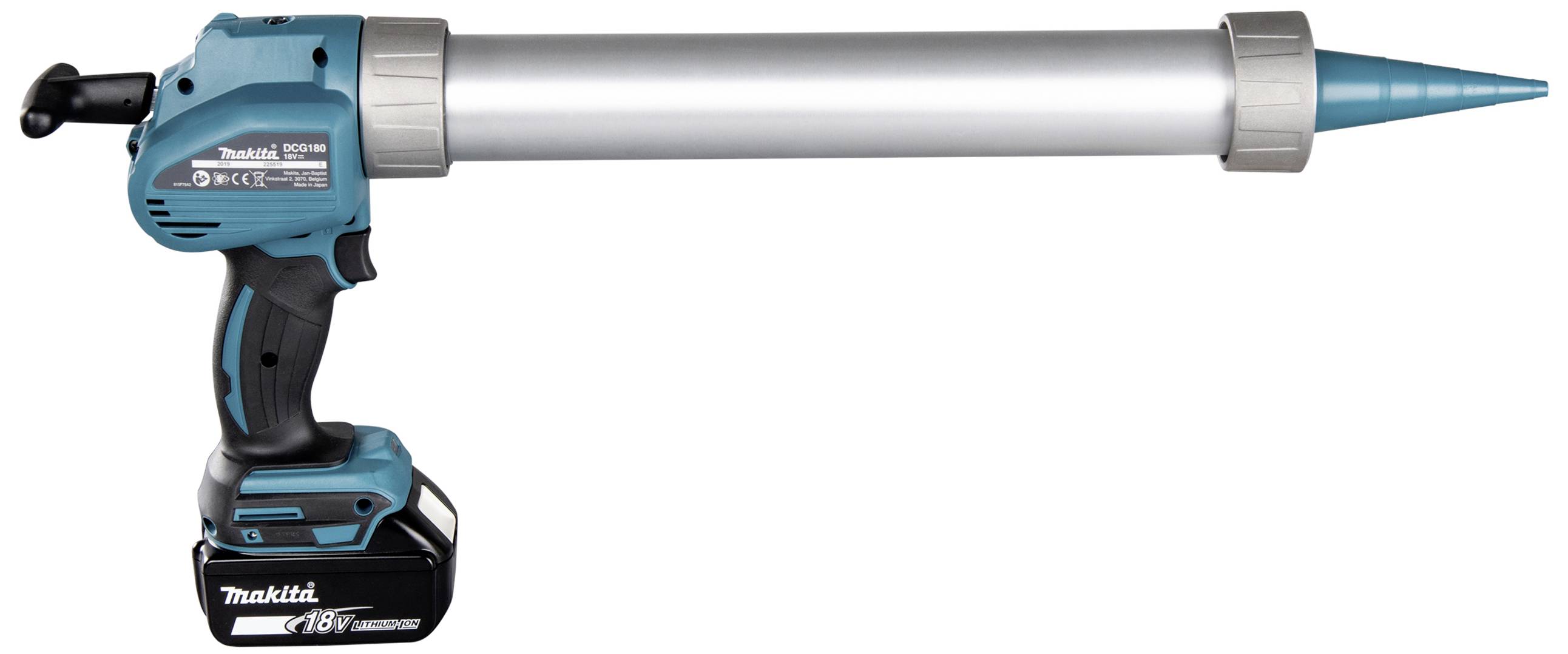 Un pistolet à cartouche sans fil en bleu et argent, adapté pour le silicone ou la colle. Équipé d'une batterie lithium-ion 18V.